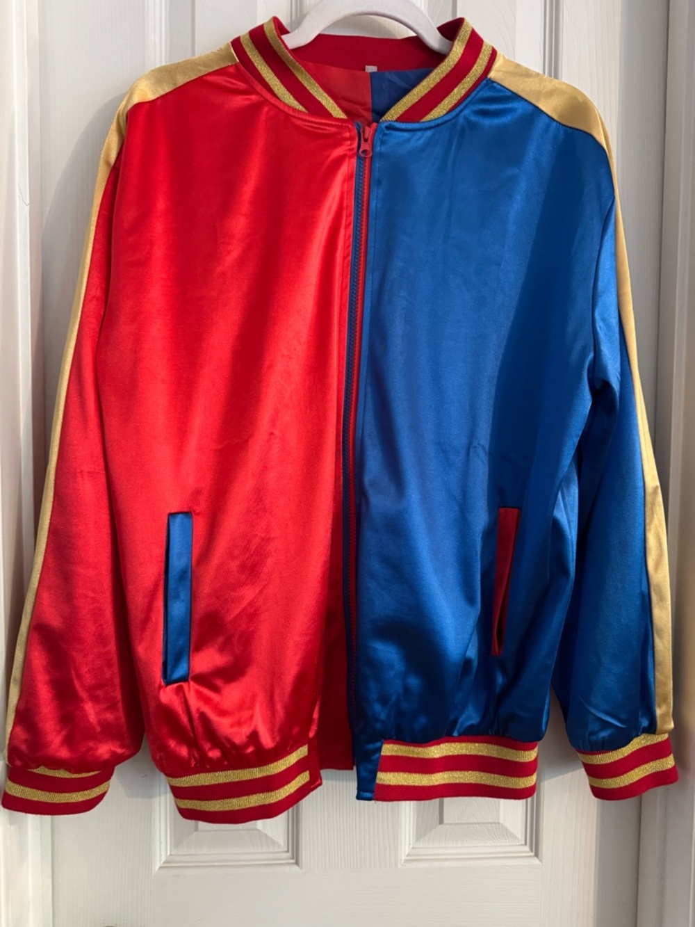 Harley Quinn Joker Satin Bomber Jacket - Blue & Red Size XL - Picture 3 of 3